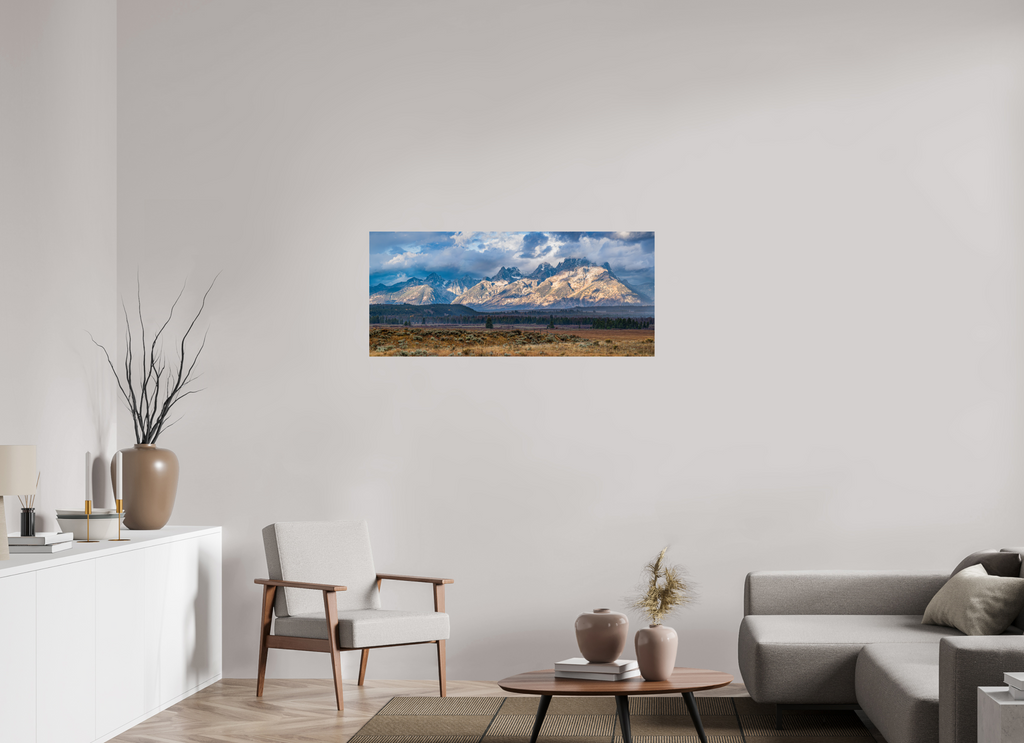 45.7 x 20″, Photo Print on Aluminum Backing Grand Tetons — Light Through the Storm