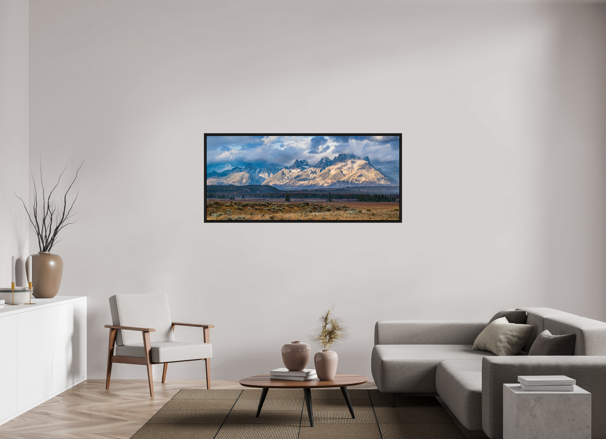 63.9 x 28″, Floater Frame Grand Tetons — Light Through the Storm