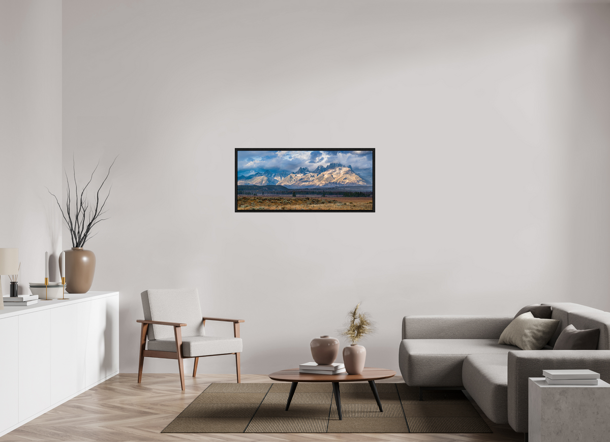 45.7 x 20″, Floater Frame Grand Tetons — Light Through the Storm